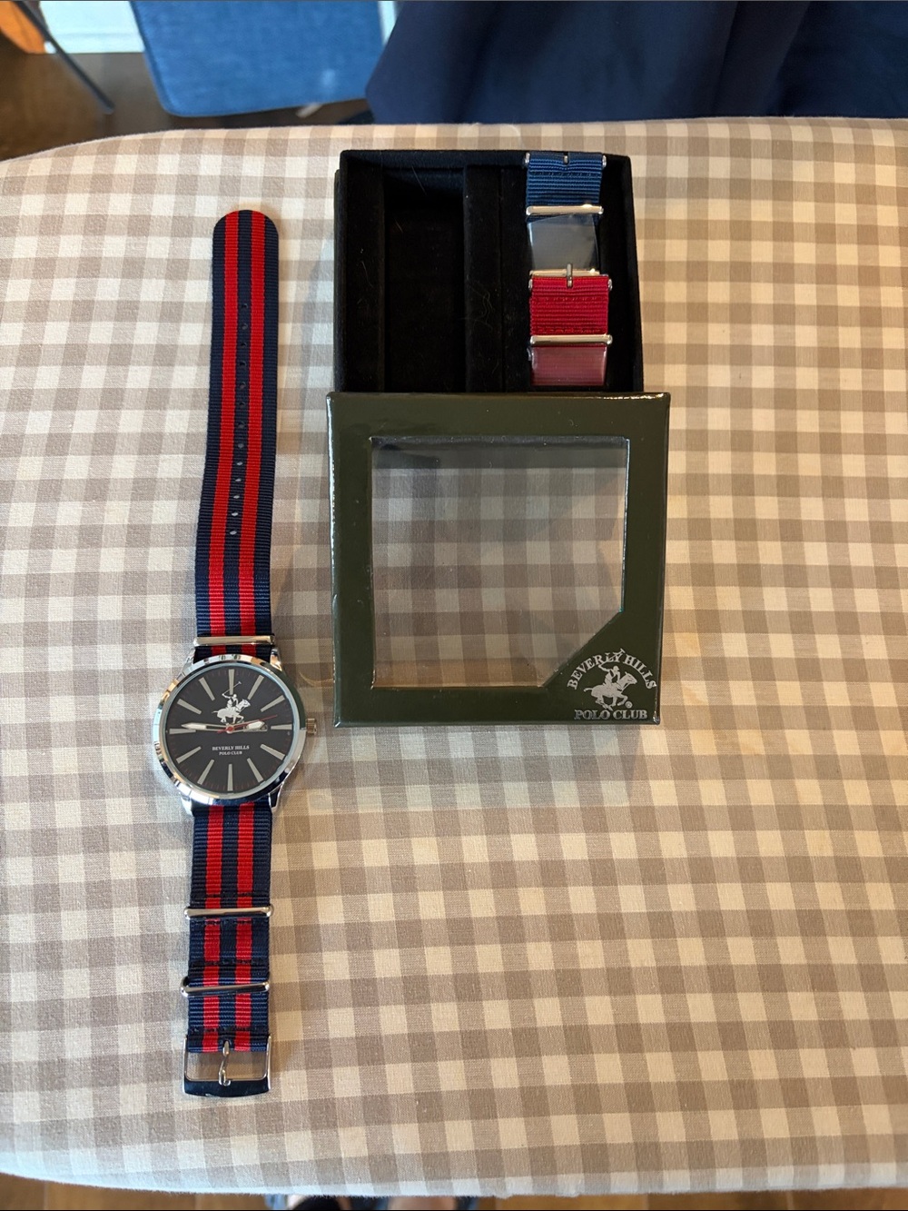 Beverly Hills Polo Club Men's Navy & Red Stripe Nylon Strap Watch